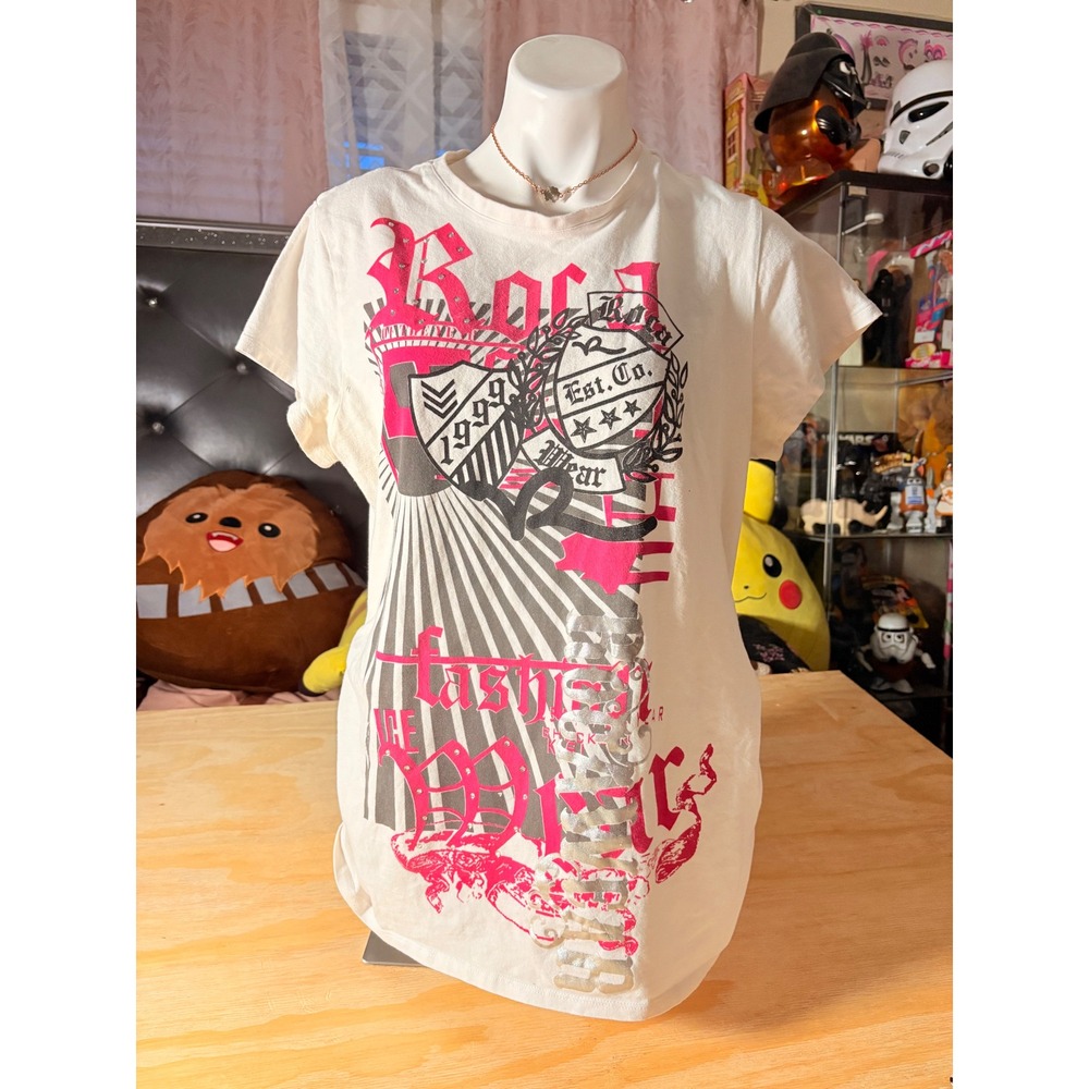 Y2K Rocawear Womens Graphic T-Shirt Rhinestone Ruched Side Y2K Size 2X #2